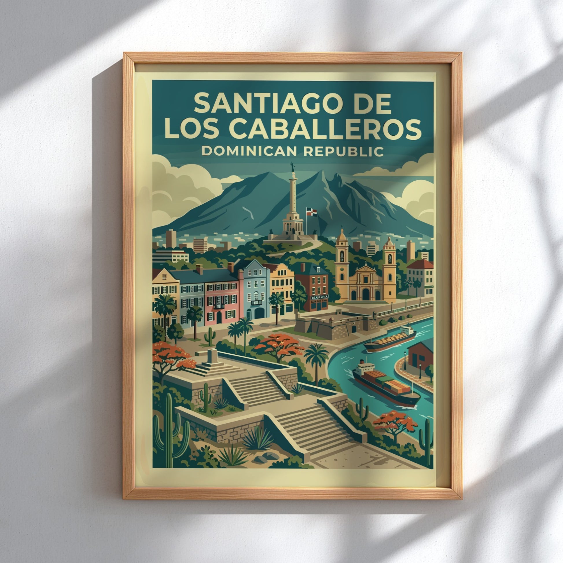 Santiago de los Caballeros travel poster featuring city skyline, monument, and river in a retro style.