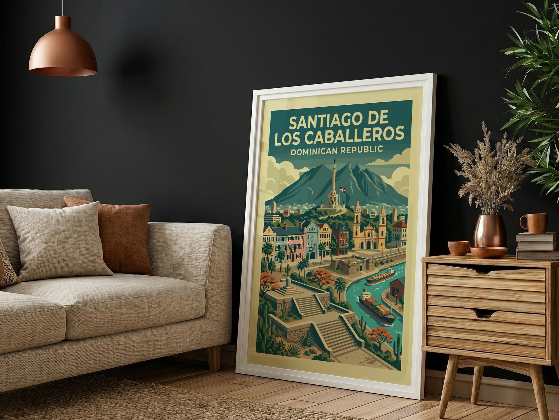 Santiago de los Caballeros travel poster featuring city skyline, monument, and river in a retro style.