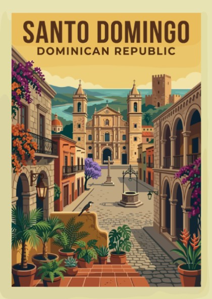 Vintage travel poster of Santo Domingo, Dominican Republic, featuring a colonial street and cathedral.