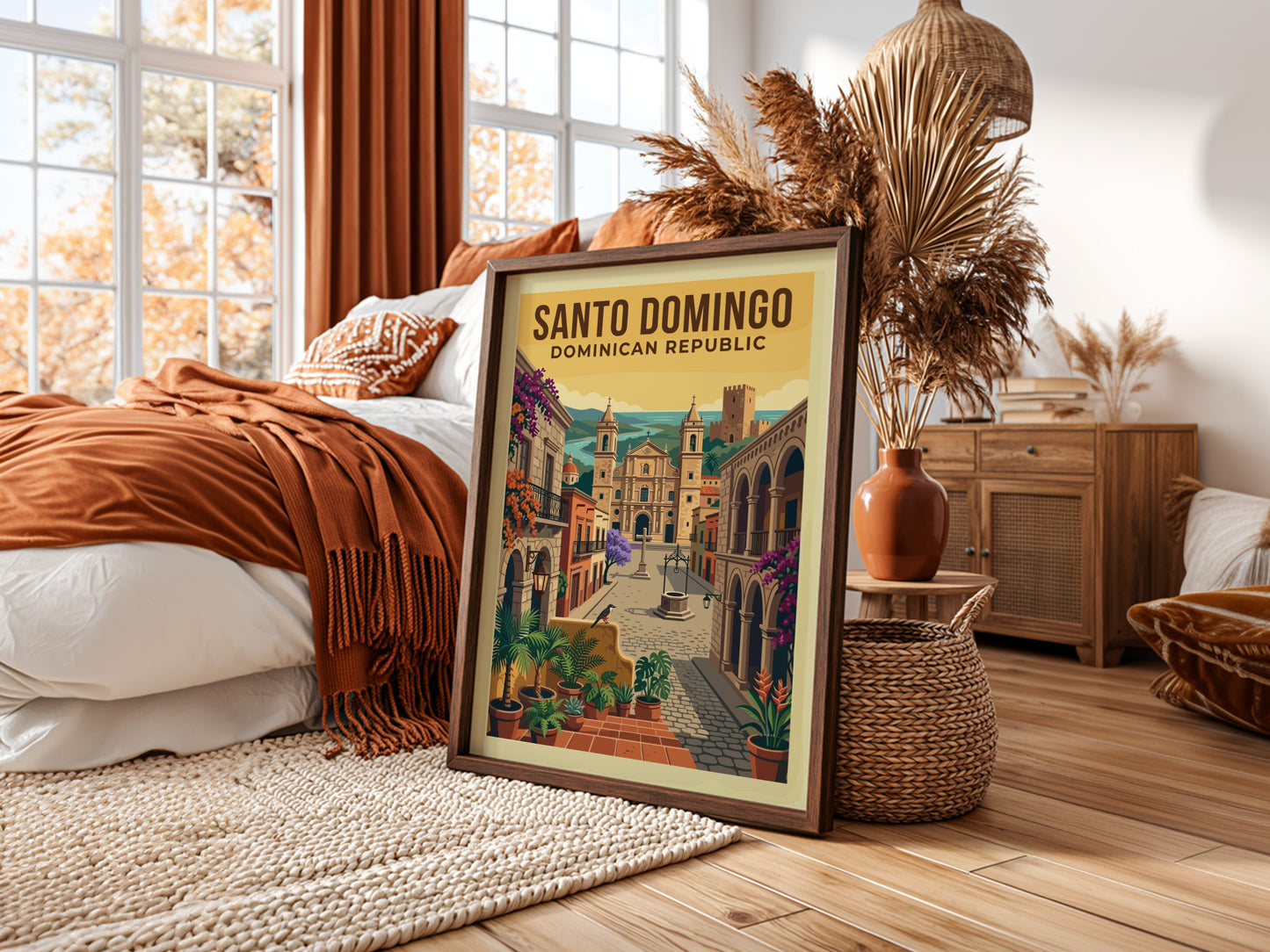 Vintage travel poster of Santo Domingo, Dominican Republic, featuring a colonial street and cathedral.