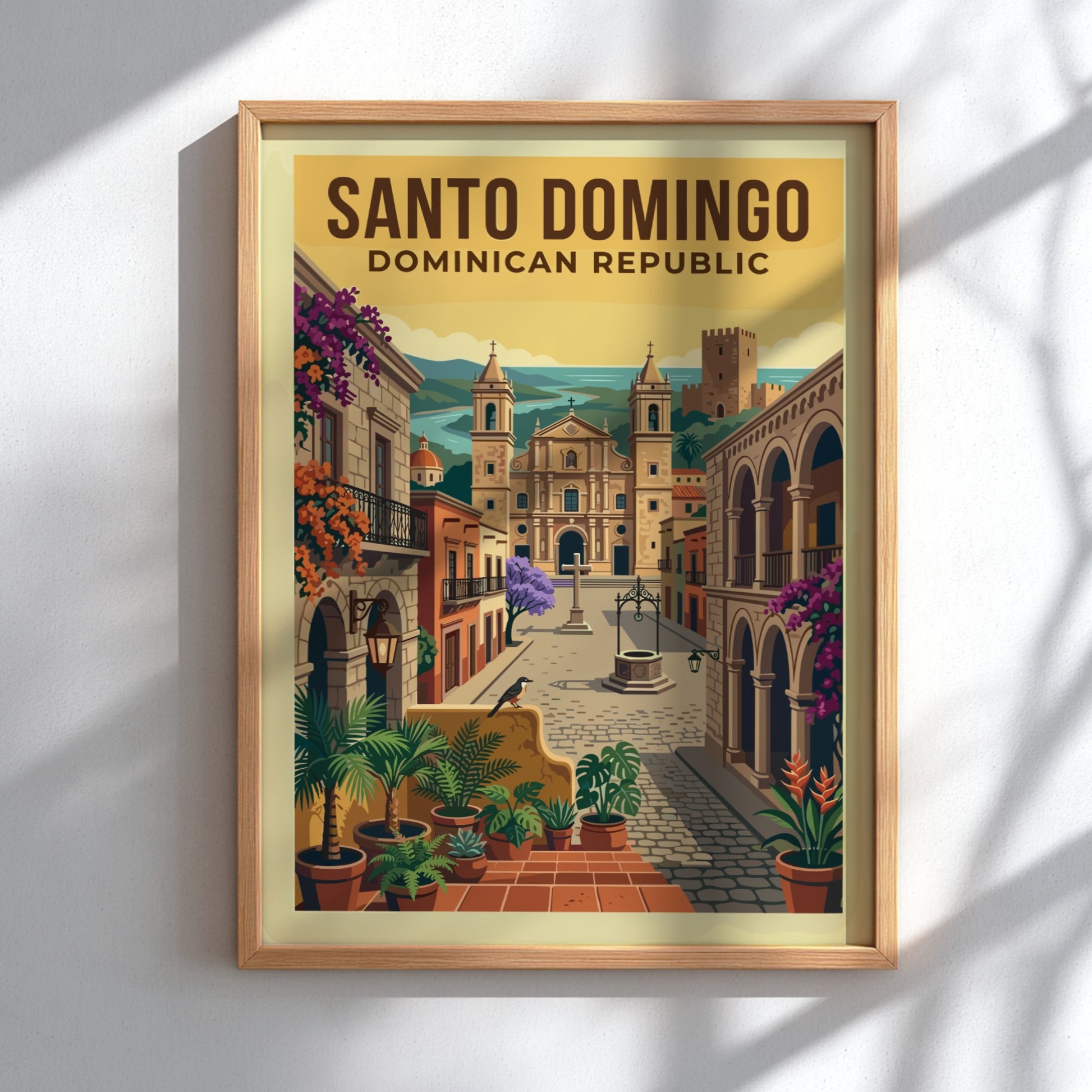 Vintage travel poster of Santo Domingo, Dominican Republic, featuring a colonial street and cathedral.