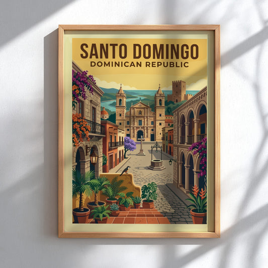 Vintage travel poster of Santo Domingo, Dominican Republic, featuring a colonial street and cathedral.