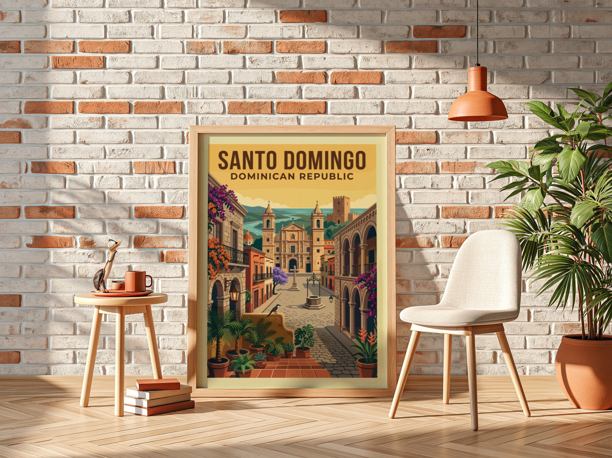 Vintage travel poster of Santo Domingo, Dominican Republic, featuring a colonial street and cathedral.