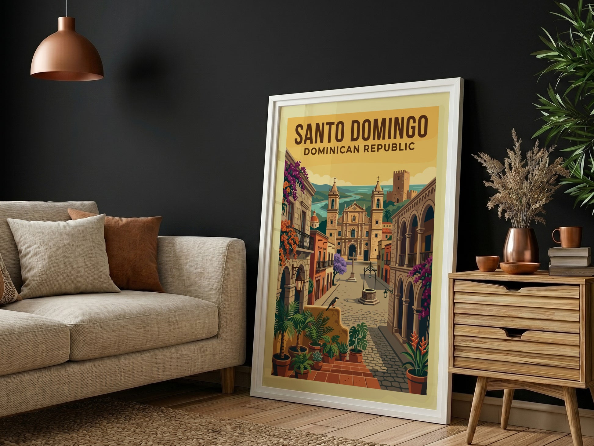 Vintage travel poster of Santo Domingo, Dominican Republic, featuring a colonial street and cathedral.