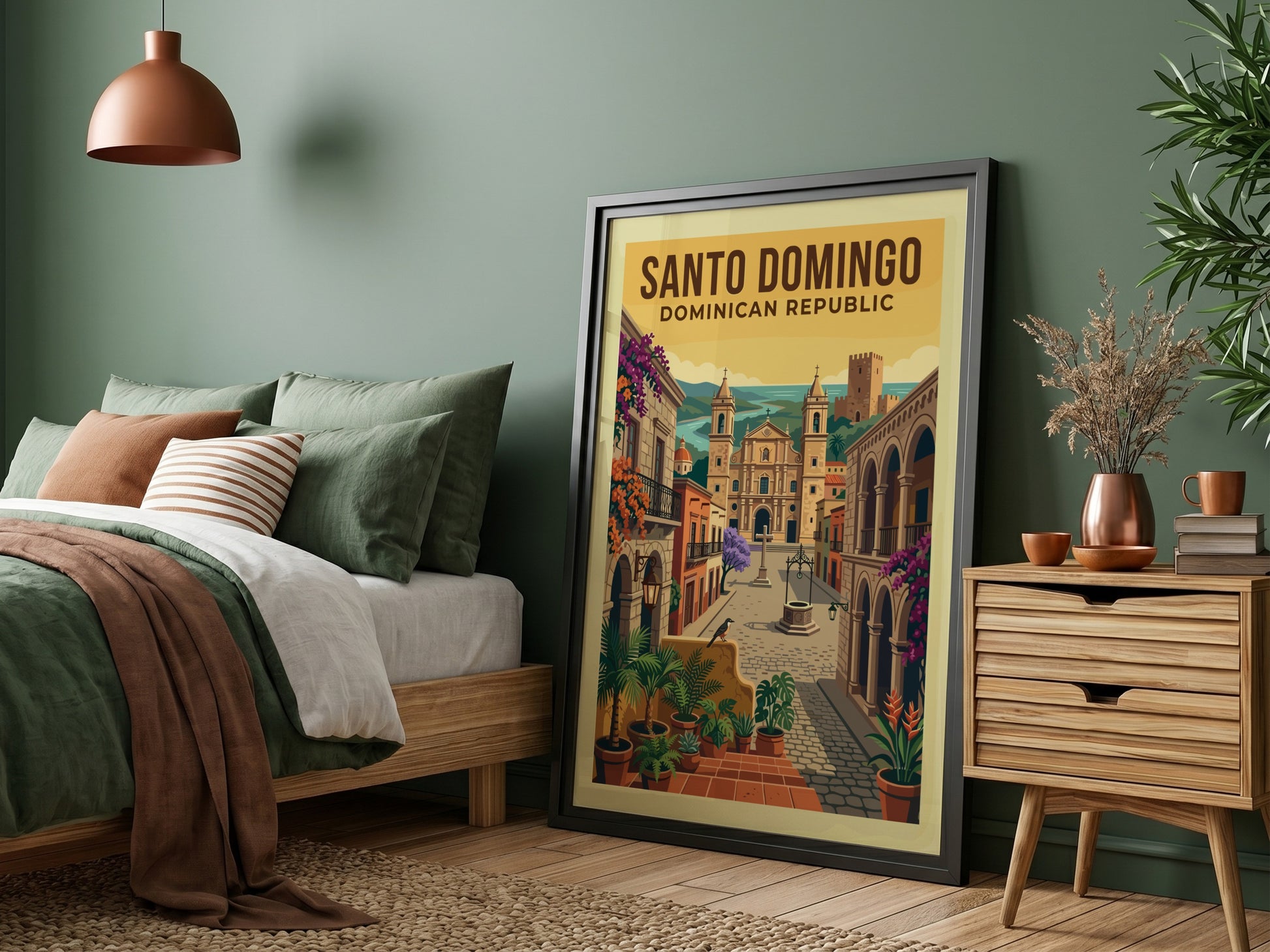 Vintage travel poster of Santo Domingo, Dominican Republic, featuring a colonial street and cathedral.