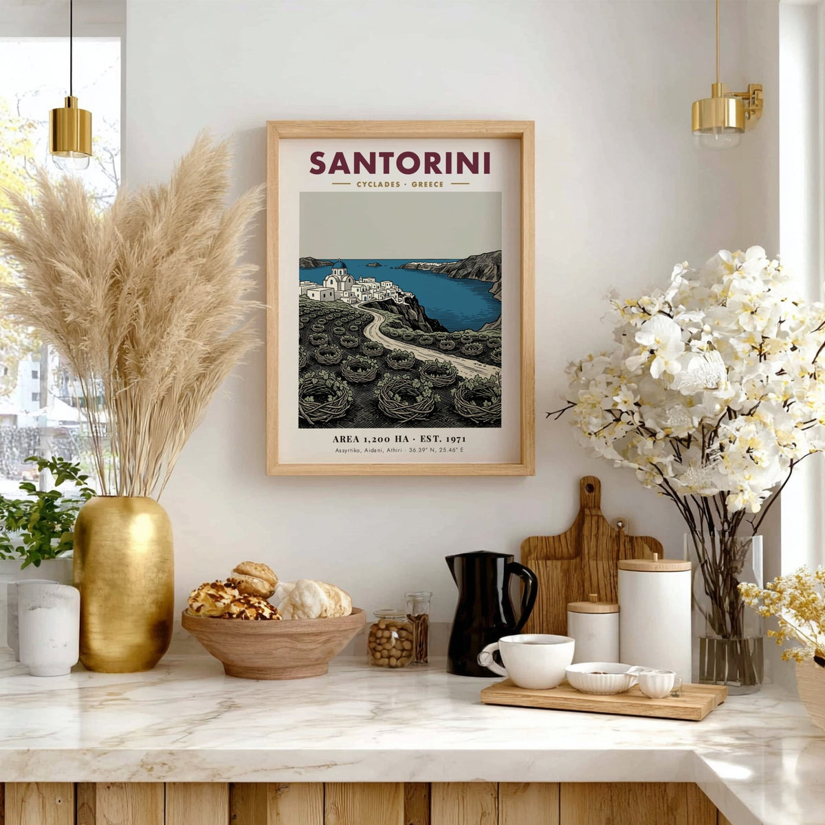 Santorini travel poster featuring blue-domed churches and traditional vineyard vines in a minimalist style.