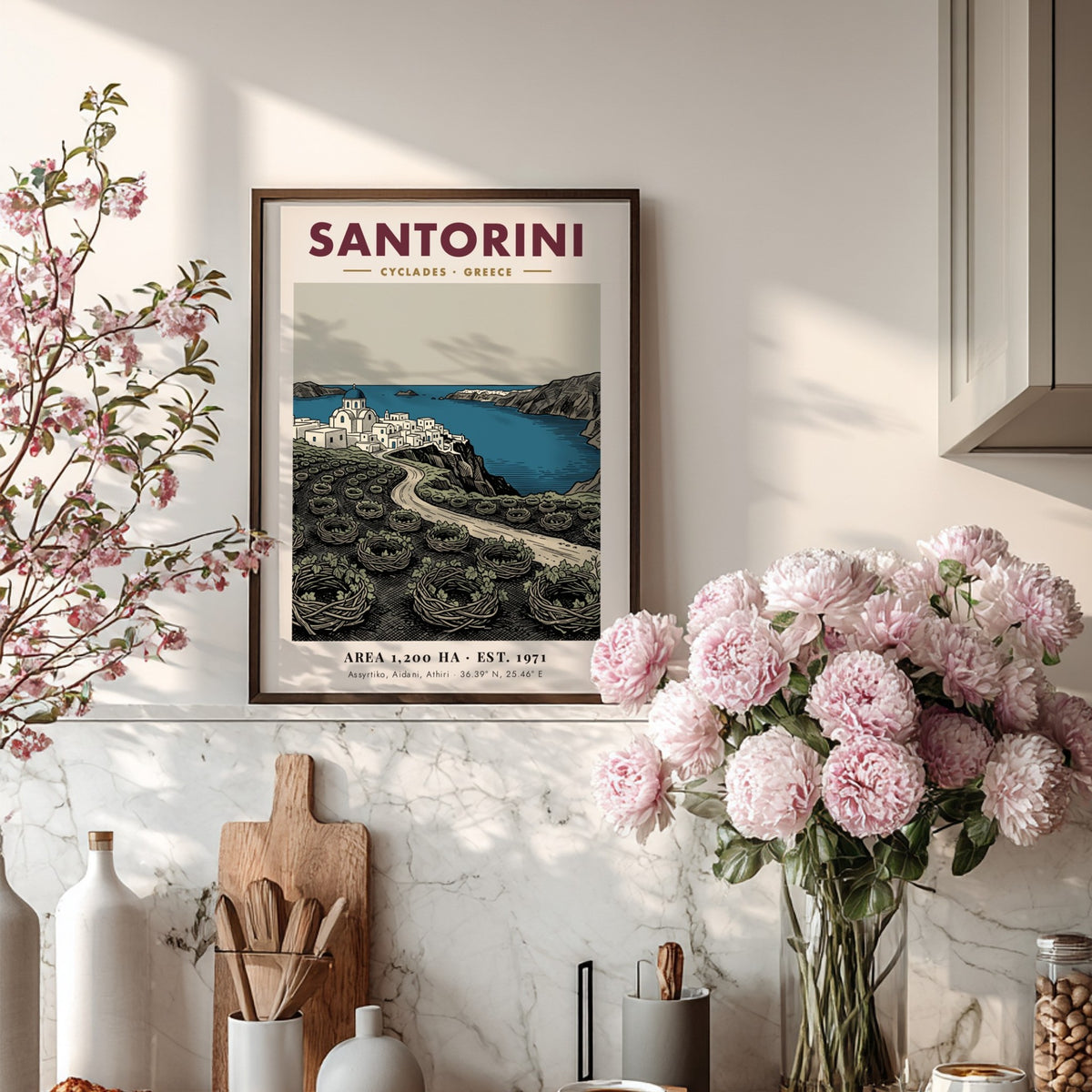 Santorini travel poster featuring blue-domed churches and traditional vineyard vines in a minimalist style.