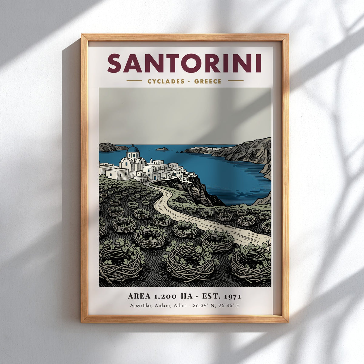 Santorini travel poster featuring blue-domed churches and traditional vineyard vines in a minimalist style.