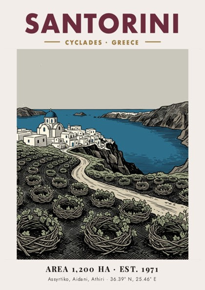 Santorini travel poster featuring blue-domed churches and traditional vineyard vines in a minimalist style.