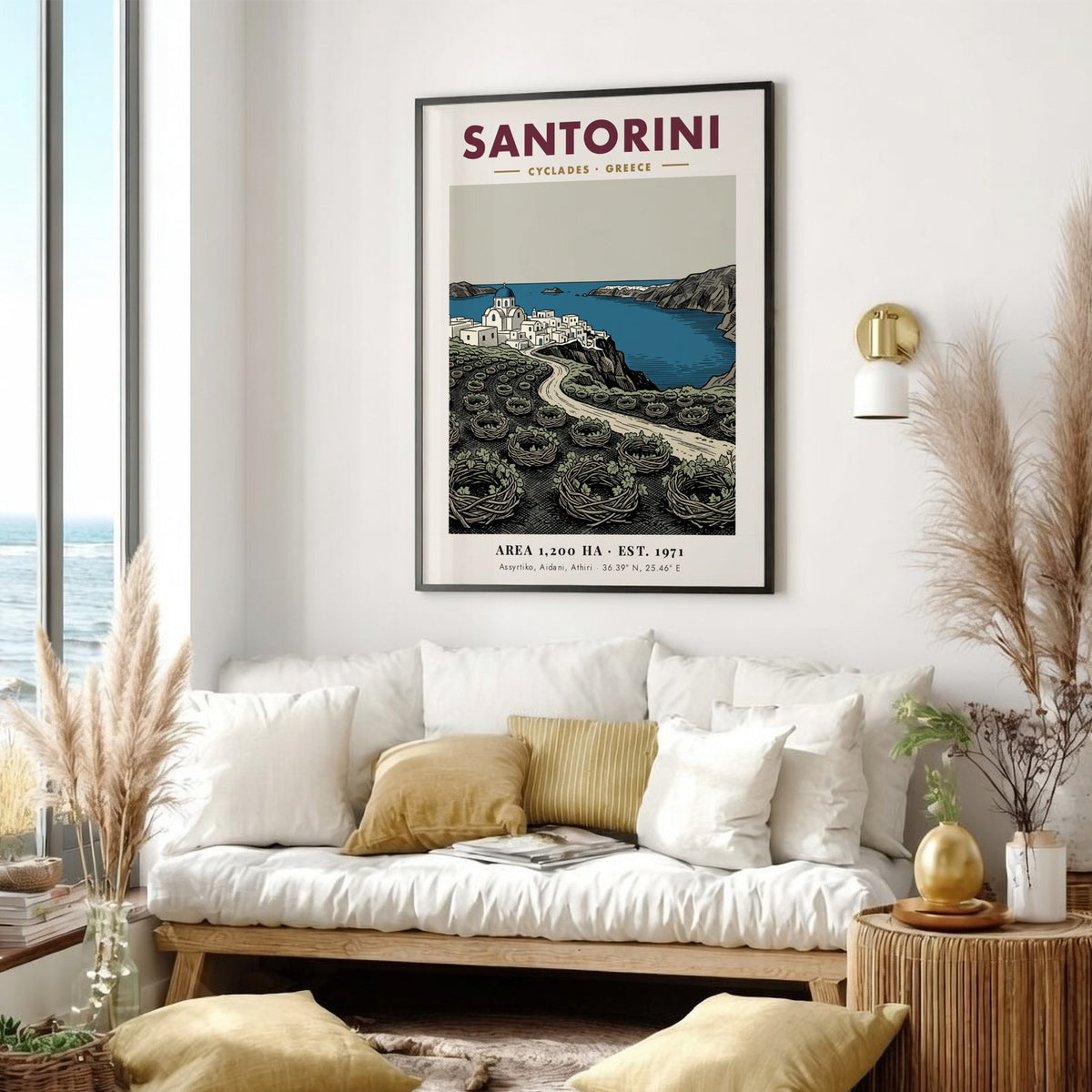 Santorini travel poster featuring blue-domed churches and traditional vineyard vines in a minimalist style.