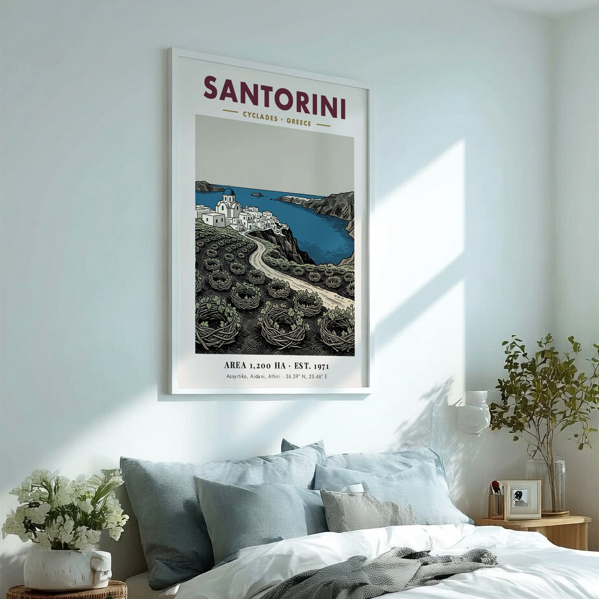 Santorini travel poster featuring blue-domed churches and traditional vineyard vines in a minimalist style.
