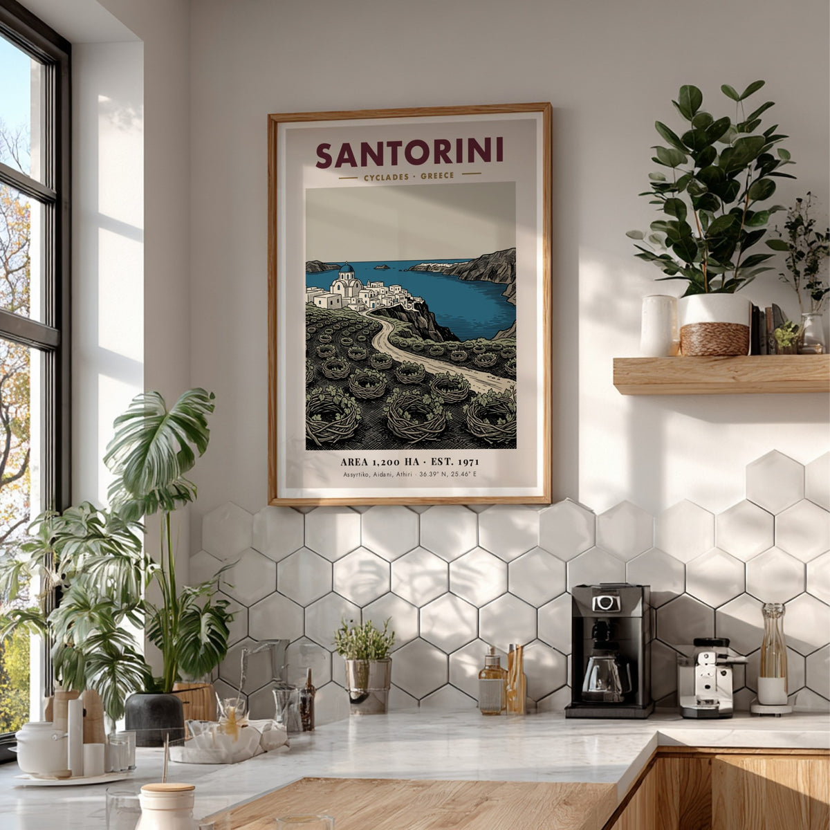 Santorini travel poster featuring blue-domed churches and traditional vineyard vines in a minimalist style.