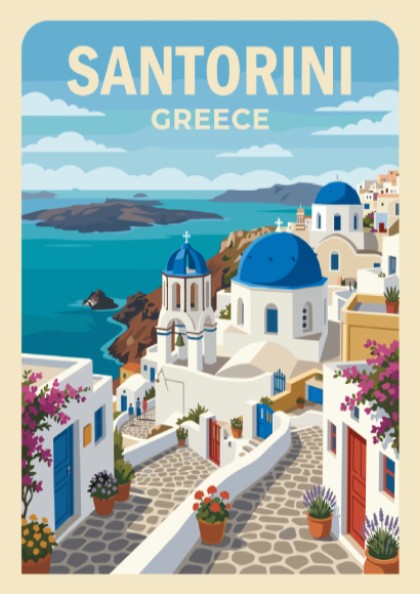 Poster of Santorini Greece featuring blue-domed churches white buildings bougainvillea and the sea
