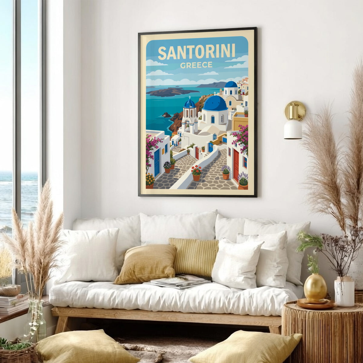 Poster of Santorini Greece featuring blue-domed churches white buildings bougainvillea and the sea