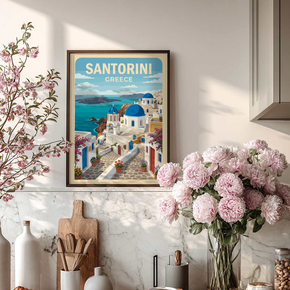 Poster of Santorini Greece featuring blue-domed churches white buildings bougainvillea and the sea