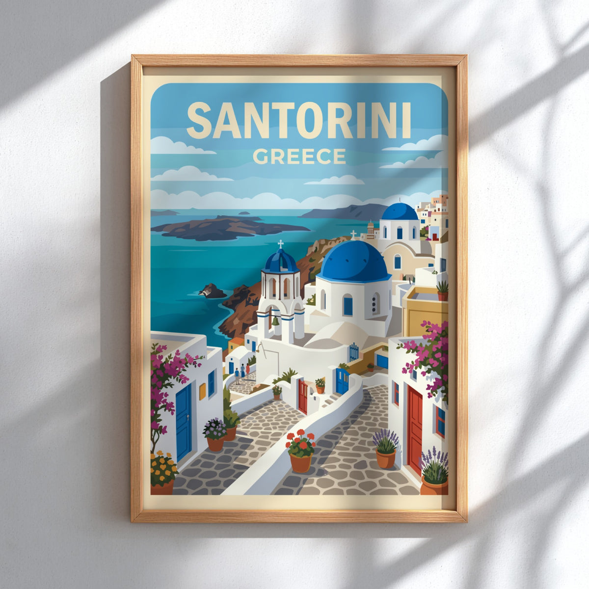 Poster of Santorini Greece featuring blue-domed churches white buildings bougainvillea and the sea