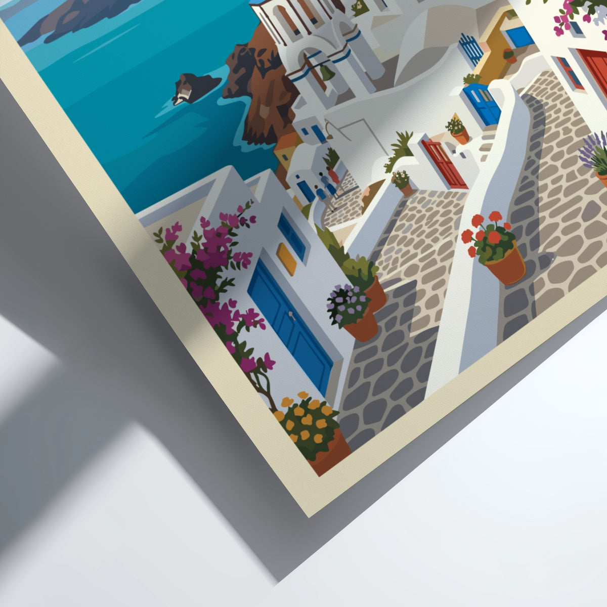 Poster of Santorini Greece featuring blue-domed churches white buildings bougainvillea and the sea