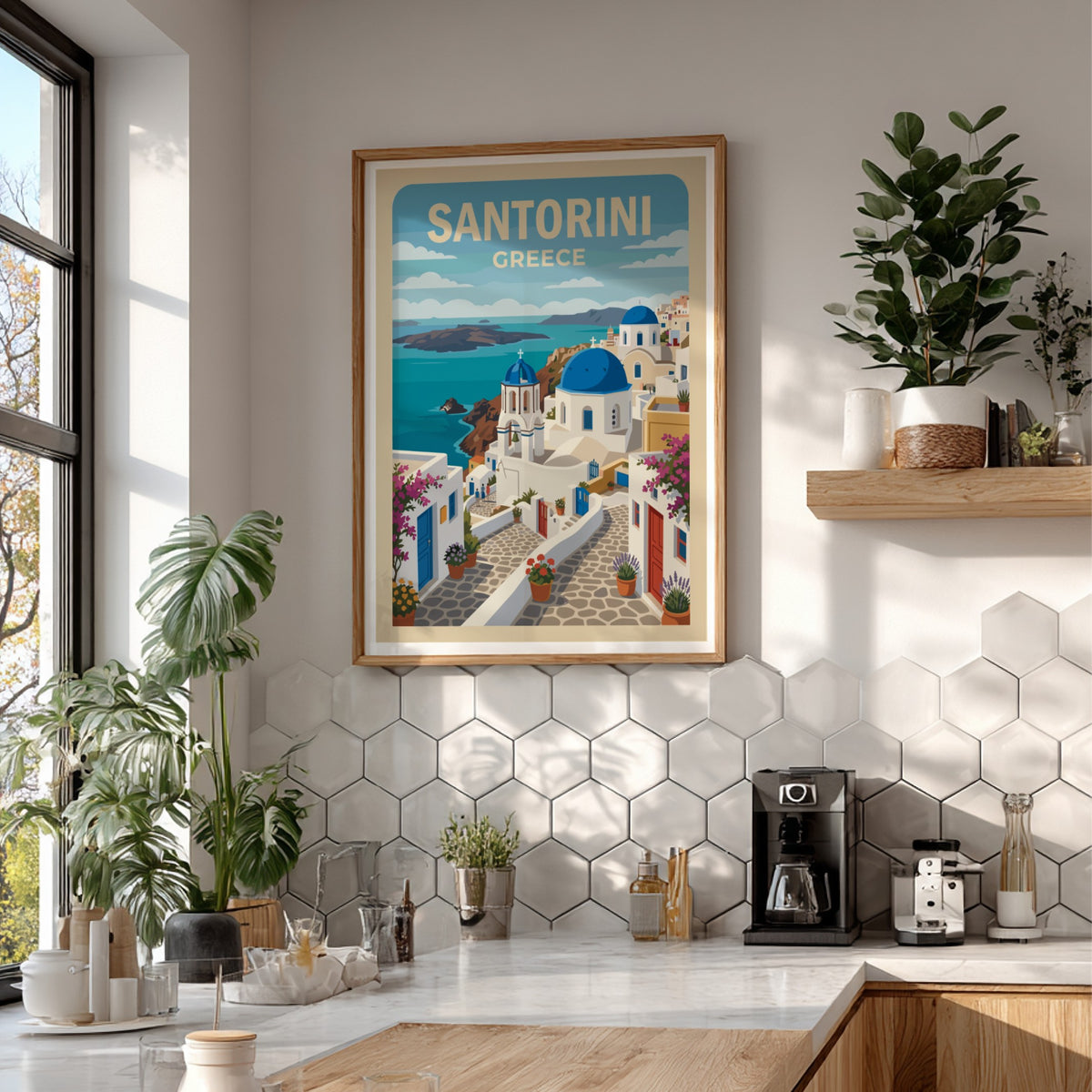 Poster of Santorini Greece featuring blue-domed churches white buildings bougainvillea and the sea