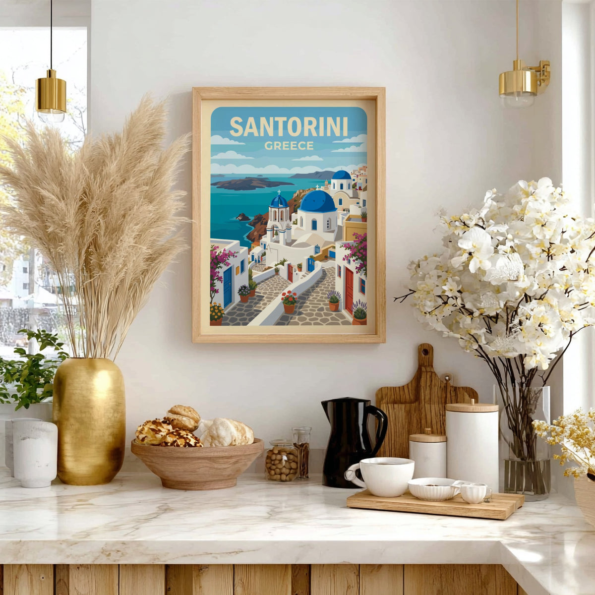 Poster of Santorini Greece featuring blue-domed churches white buildings bougainvillea and the sea