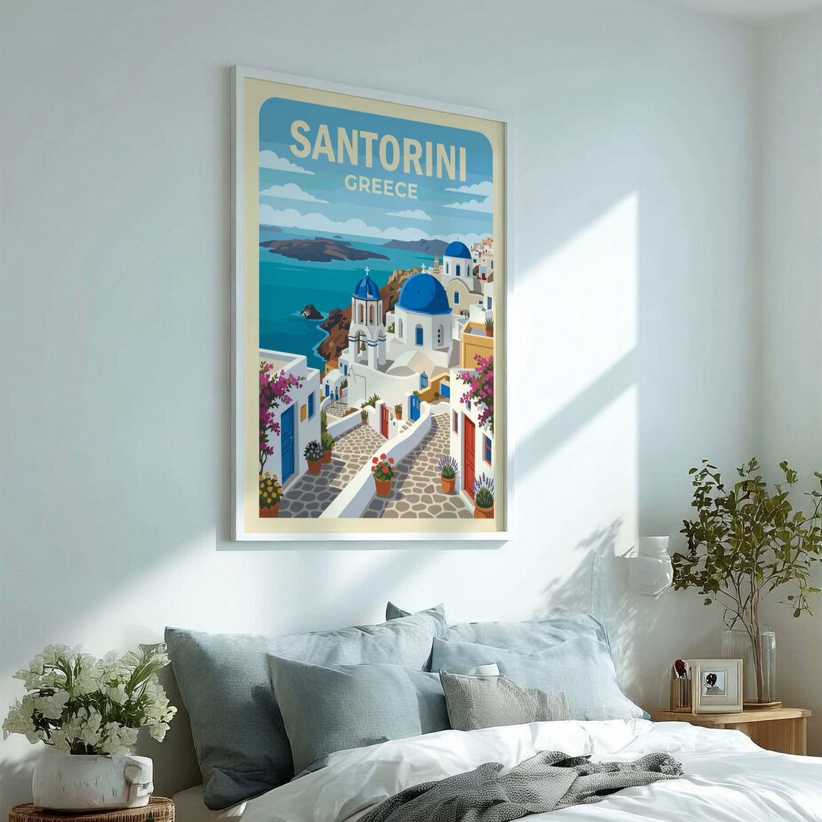 Poster of Santorini Greece featuring blue-domed churches white buildings bougainvillea and the sea