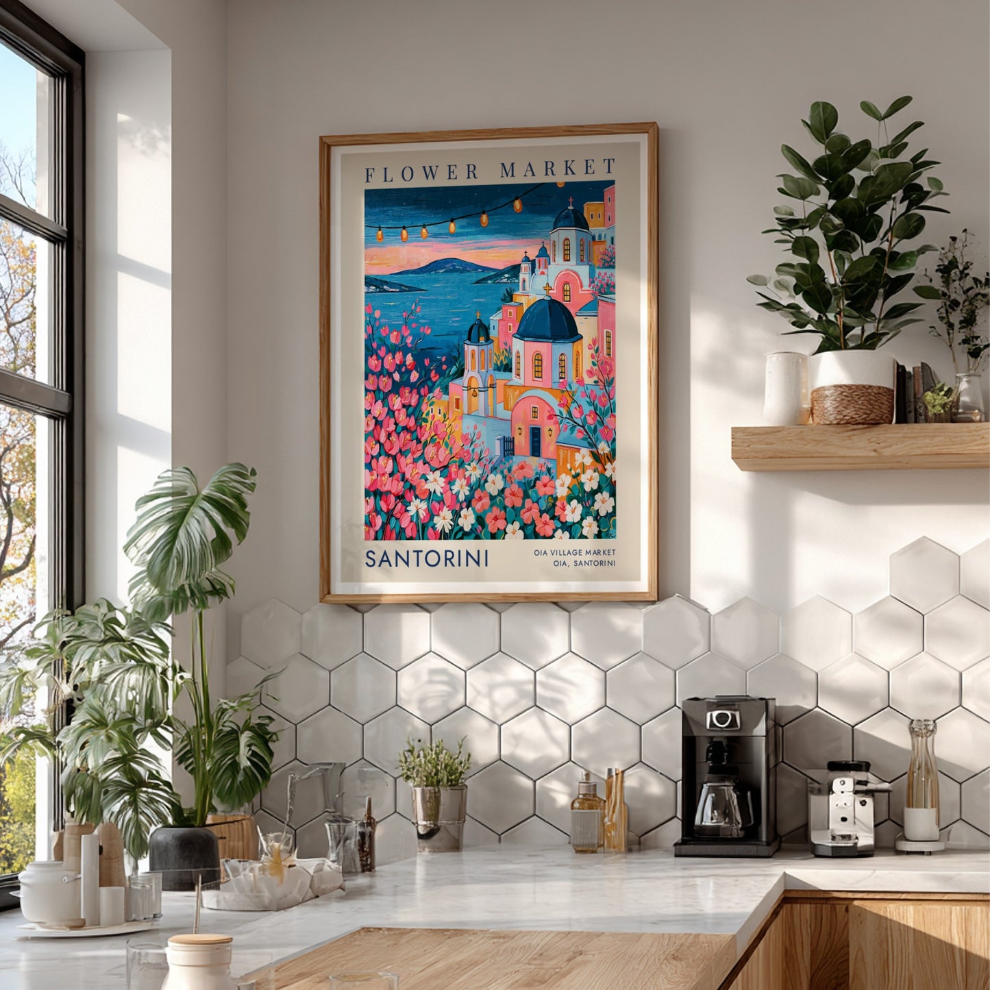 Flower market poster showcasing vibrant colors and cityscape of Santorini
