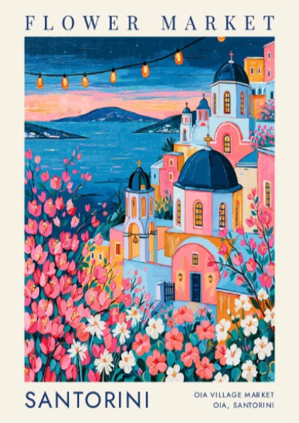 Flower market poster showcasing vibrant colors and cityscape of Santorini