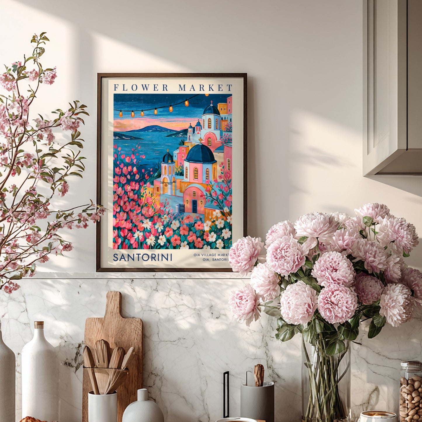 Flower market poster showcasing vibrant colors and cityscape of Santorini