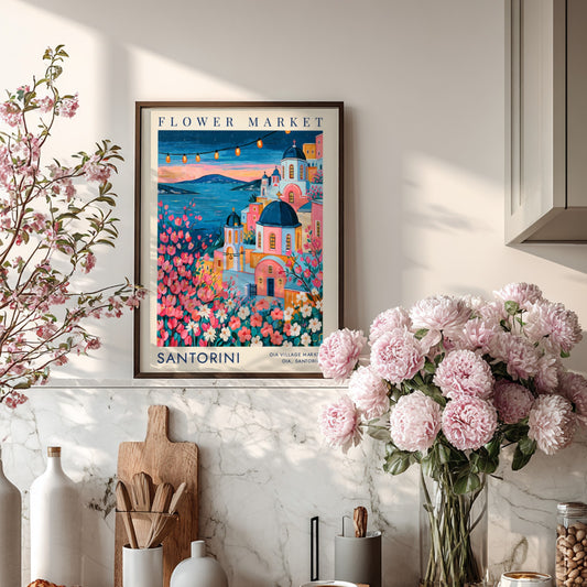 Flower market poster showcasing vibrant colors and cityscape of Santorini