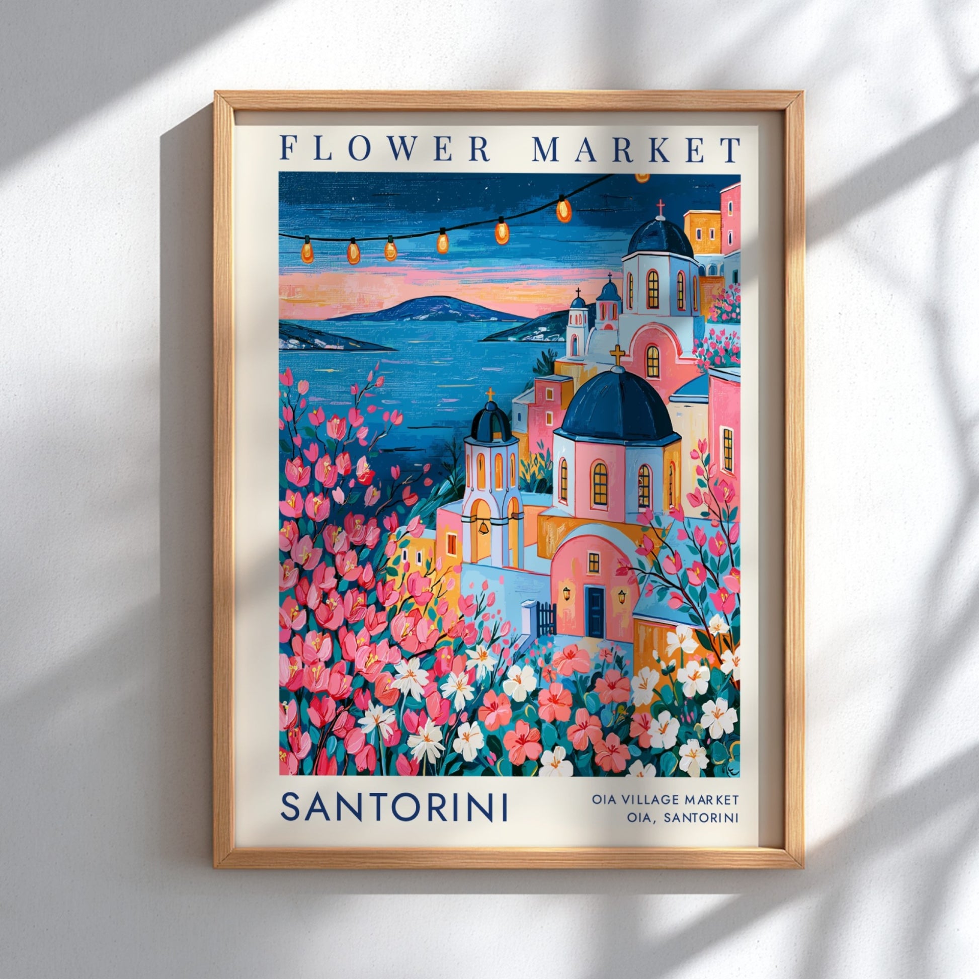 Flower market poster showcasing vibrant colors and cityscape of Santorini