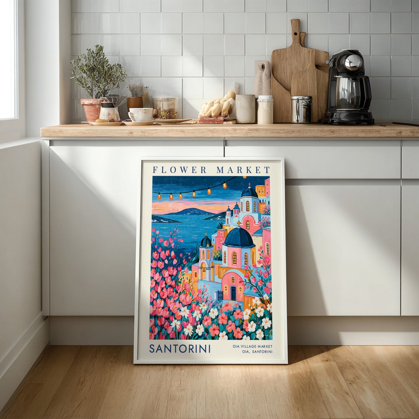 Flower market poster showcasing vibrant colors and cityscape of Santorini