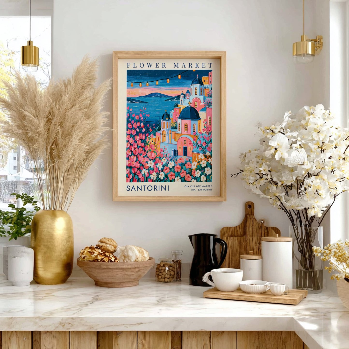 Flower market poster showcasing vibrant colors and cityscape of Santorini