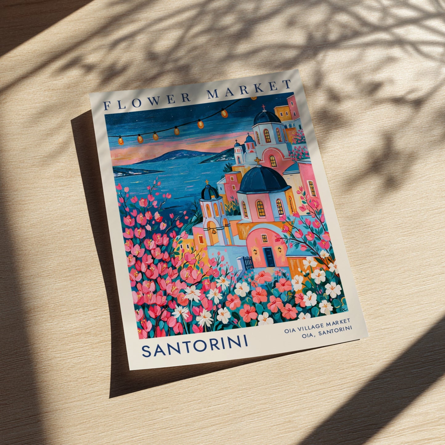 Flower market poster showcasing vibrant colors and cityscape of Santorini