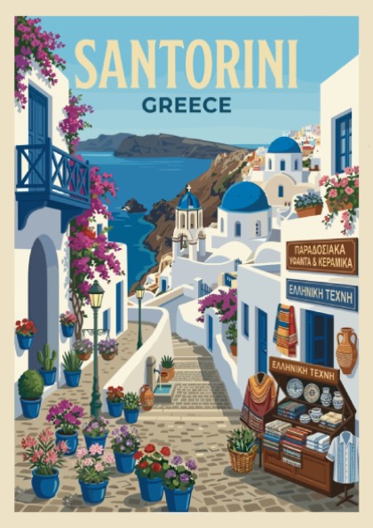 Santorini Greece travel poster featuring whitewashed buildings, blue domes, and bougainvillea in a vintage