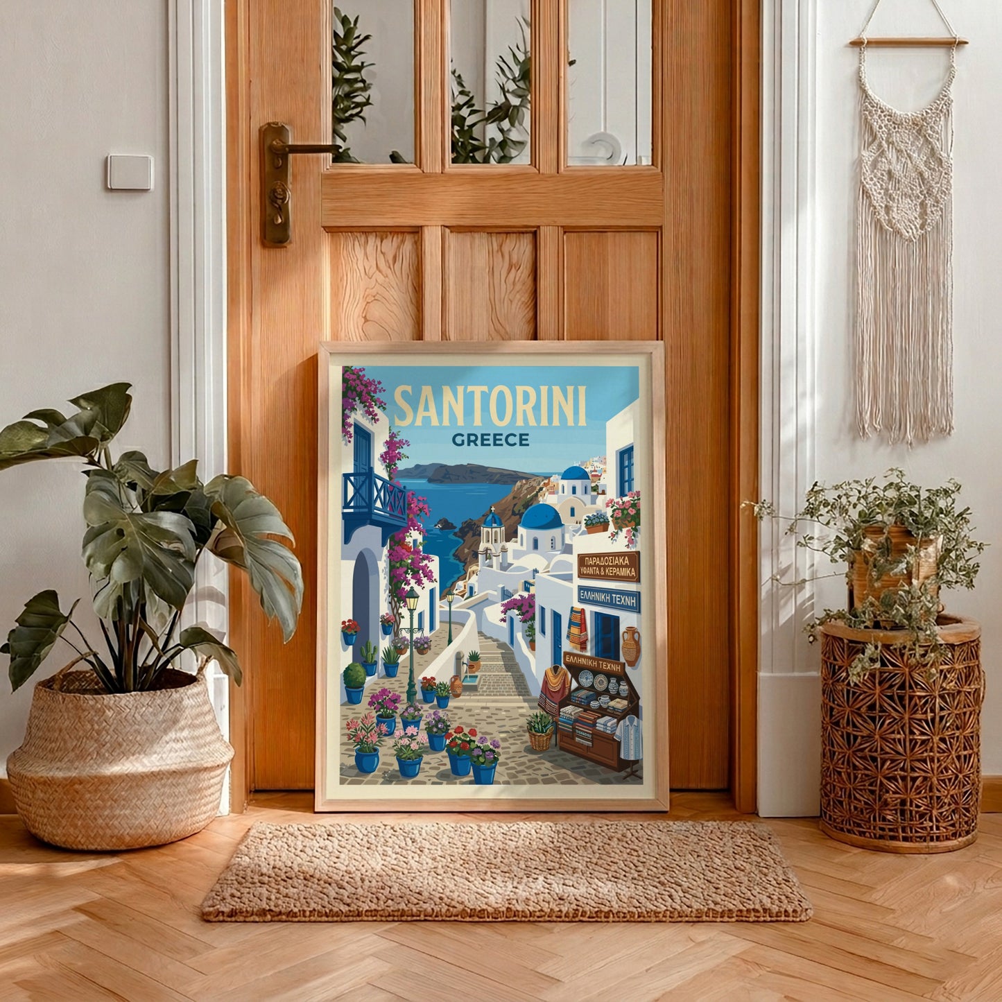 Santorini Greece travel poster featuring whitewashed buildings, blue domes, and bougainvillea in a vintage