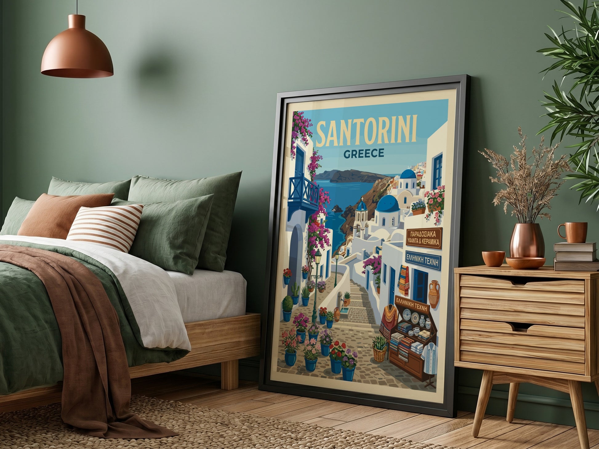 Santorini Greece travel poster featuring whitewashed buildings, blue domes, and bougainvillea in a vintage