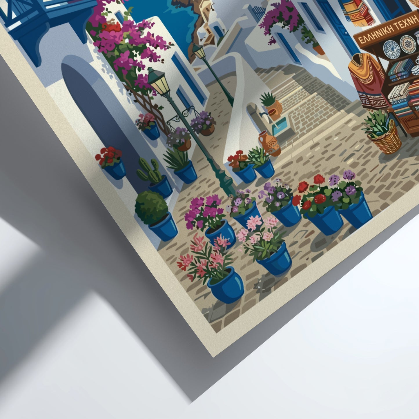 Santorini Greece travel poster featuring whitewashed buildings, blue domes, and bougainvillea in a vintage