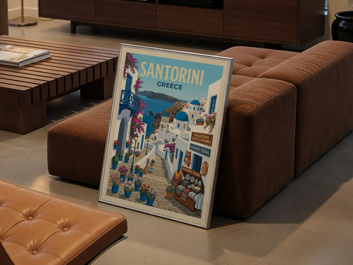 Santorini Greece travel poster featuring whitewashed buildings, blue domes, and bougainvillea in a vintage