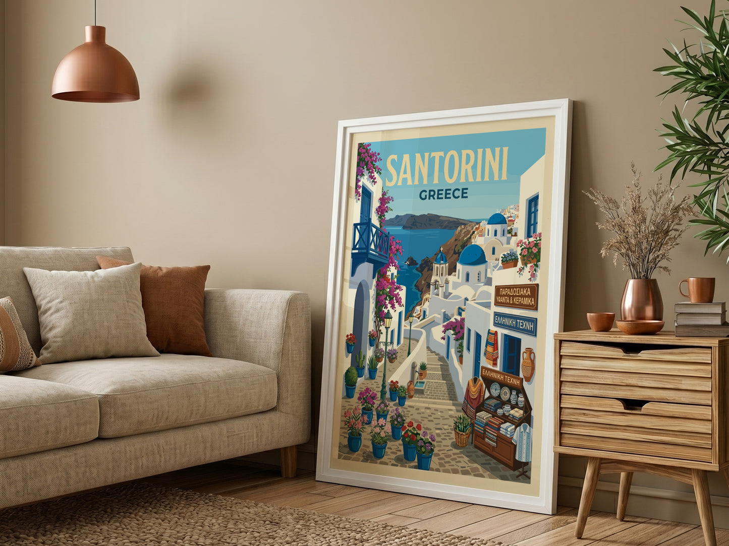 Santorini Greece travel poster featuring whitewashed buildings, blue domes, and bougainvillea in a vintage