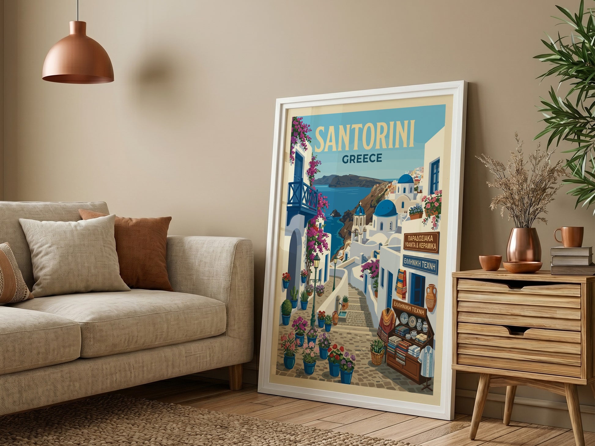Santorini Greece travel poster featuring whitewashed buildings, blue domes, and bougainvillea in a vintage