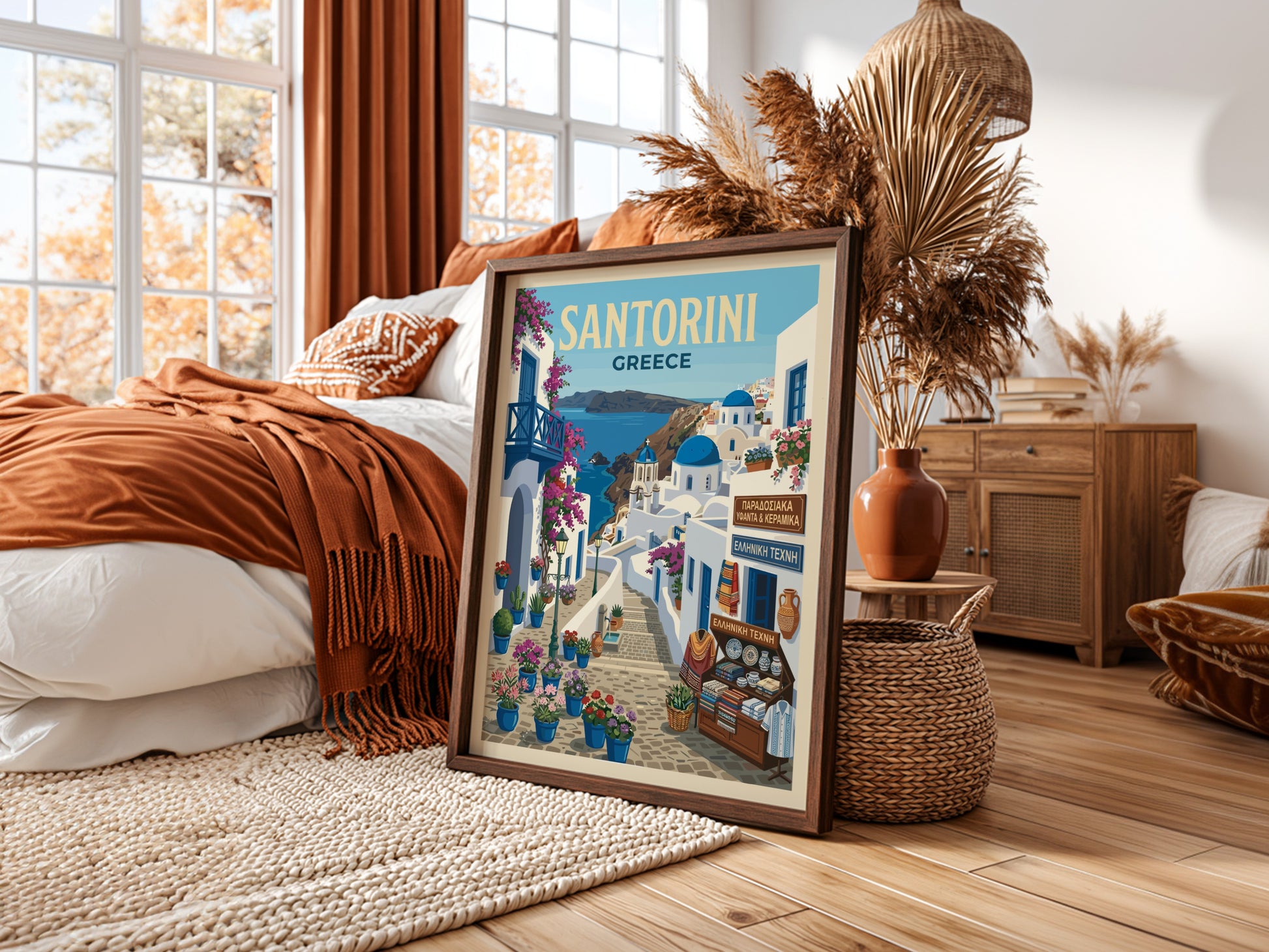 Santorini Greece travel poster featuring whitewashed buildings, blue domes, and bougainvillea in a vintage