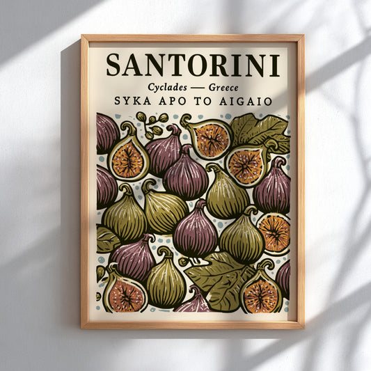 Kitchen poster featuring vibrant figs and leaves in warm colors, perfect for Mediterranean decor