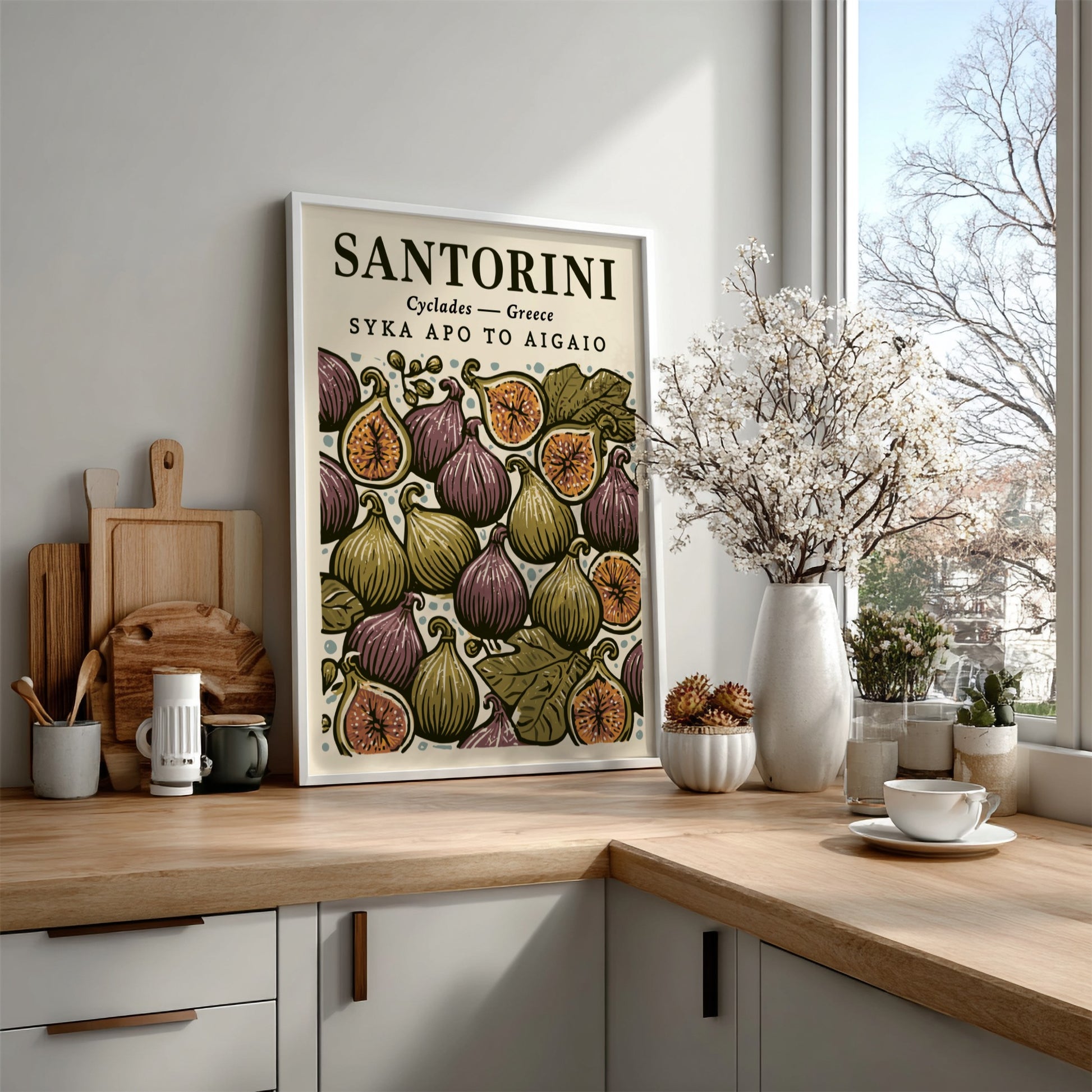 Kitchen poster featuring vibrant figs and leaves in warm colors, perfect for Mediterranean decor