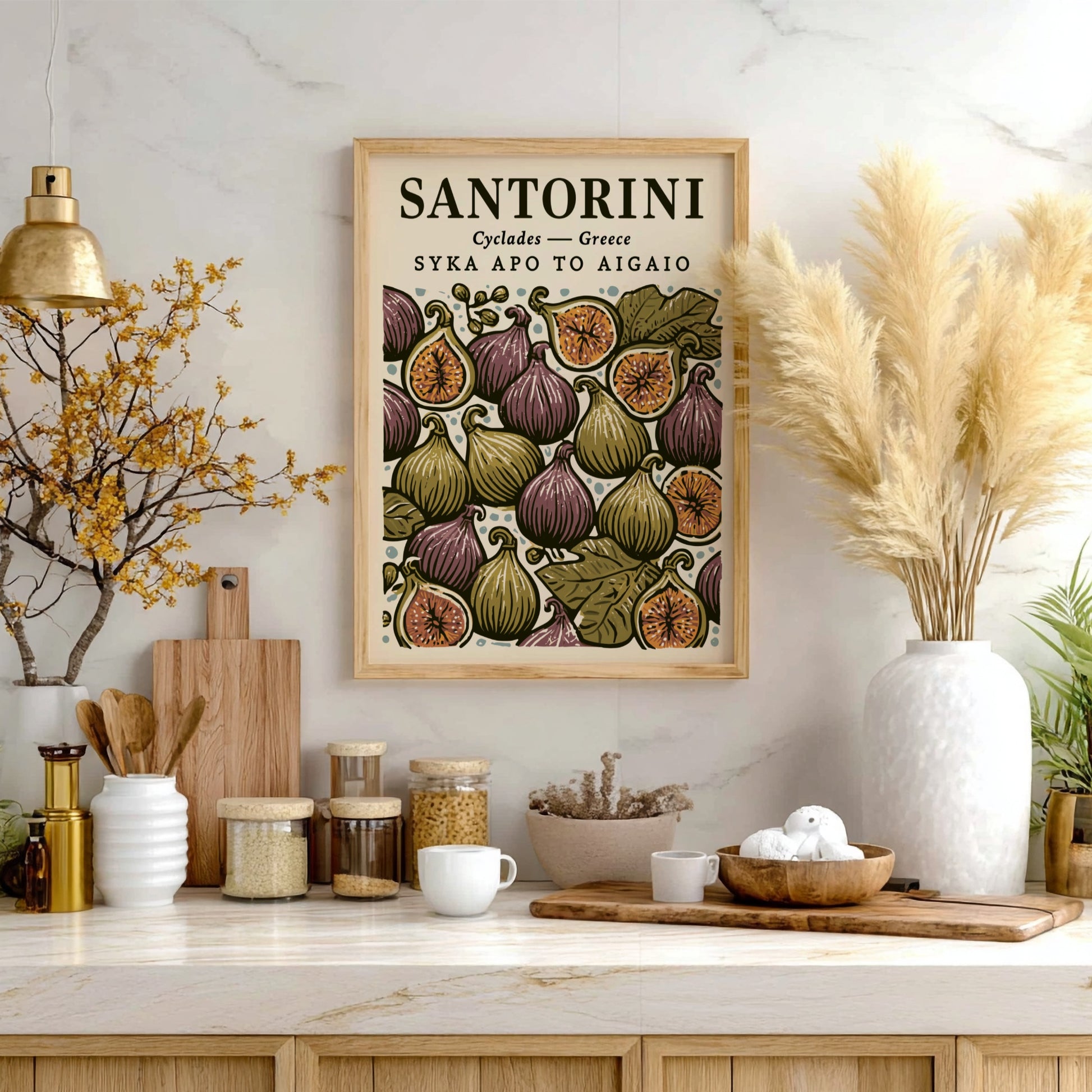Kitchen poster featuring vibrant figs and leaves in warm colors, perfect for Mediterranean decor