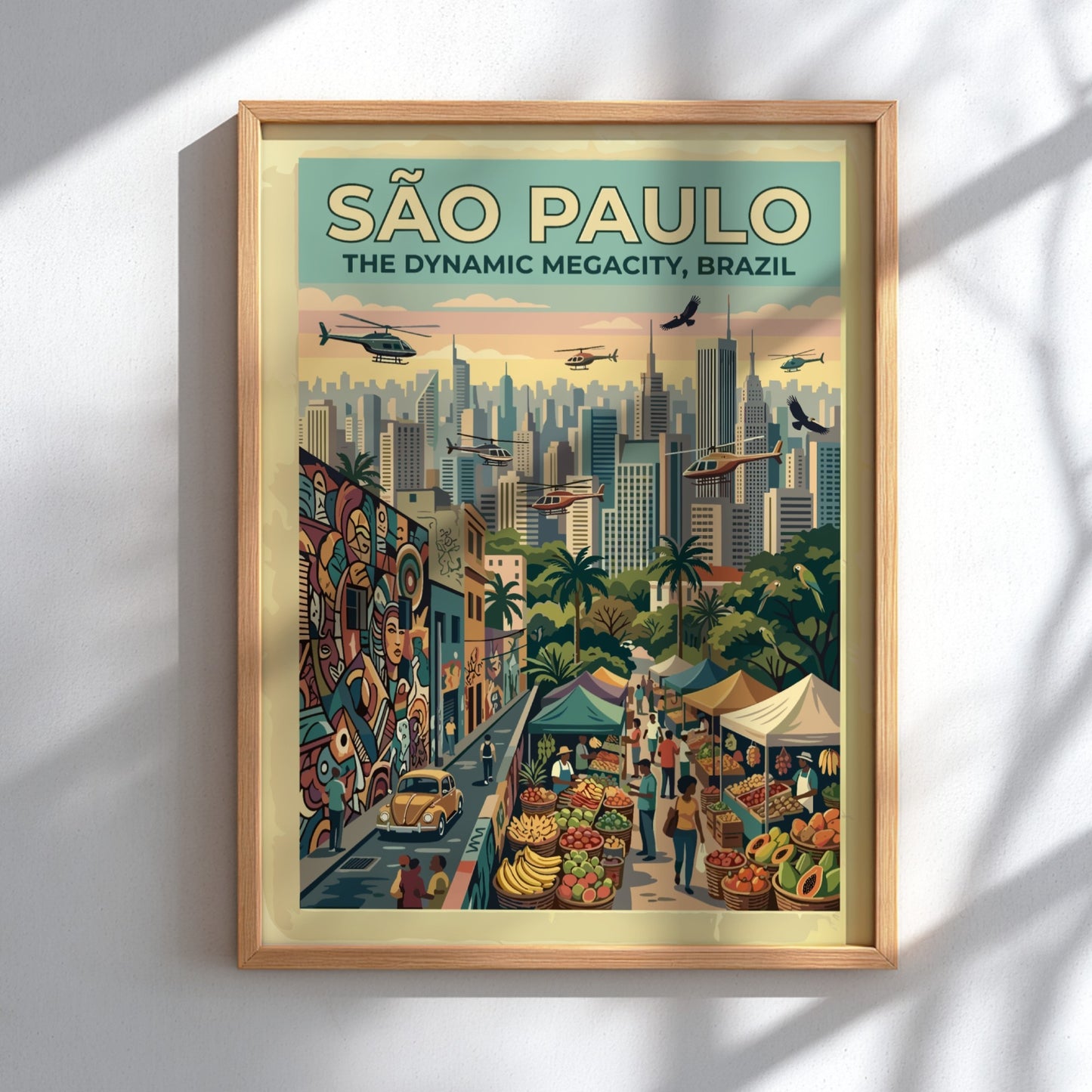 Travel poster of São Paulo Brazil featuring skyscrapers helicopters street markets and colorful graffiti.