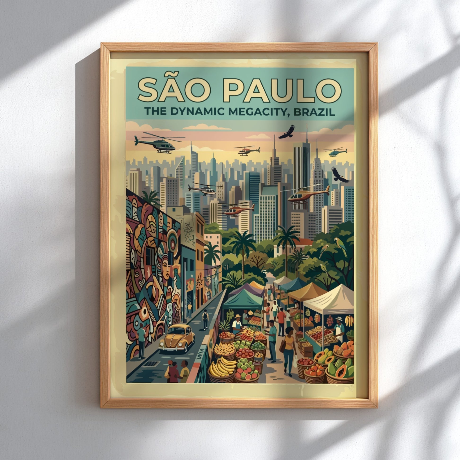 Travel poster of São Paulo Brazil featuring skyscrapers helicopters street markets and colorful graffiti.