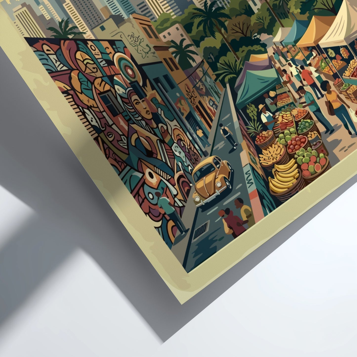 Travel poster of São Paulo Brazil featuring skyscrapers helicopters street markets and colorful graffiti.