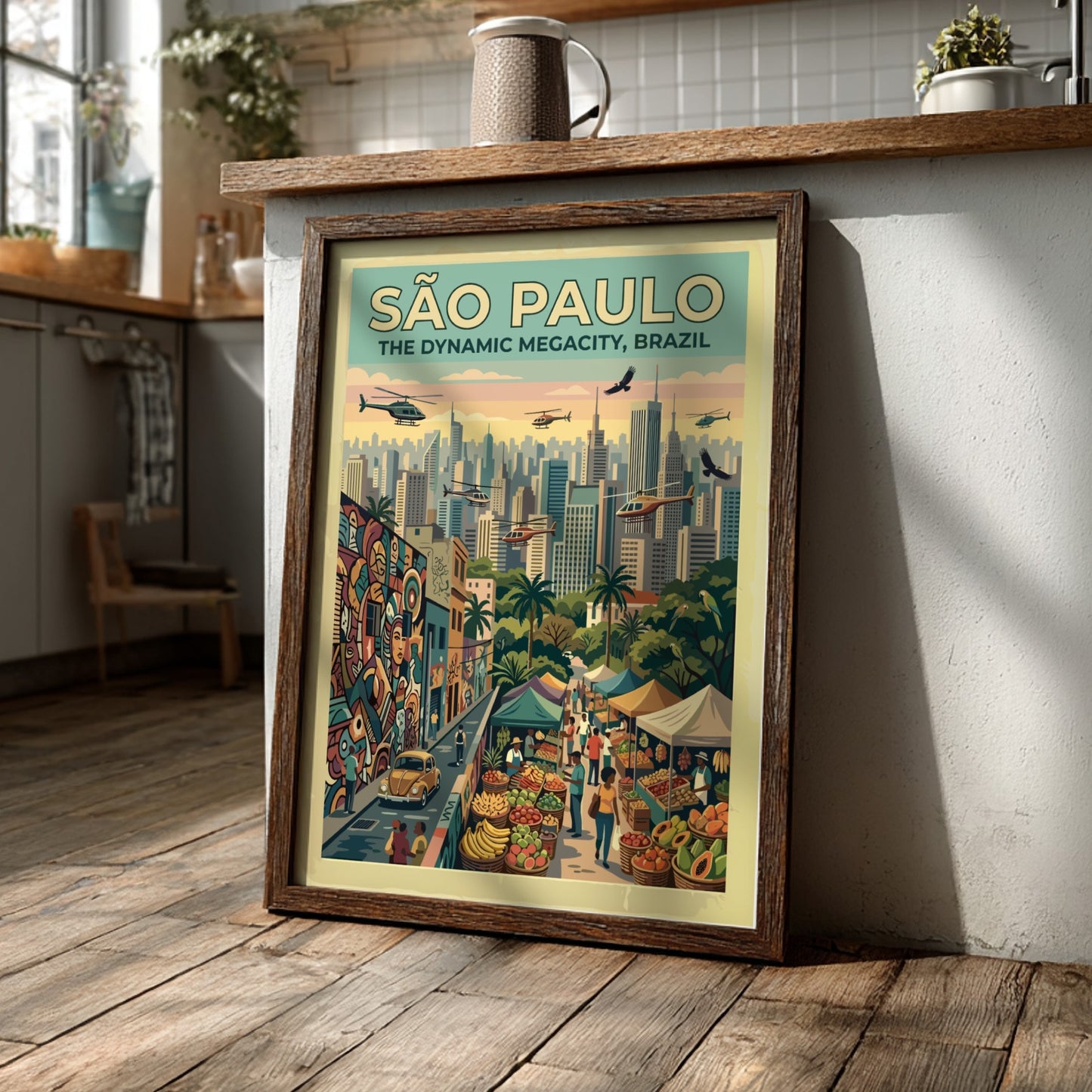 Travel poster of São Paulo Brazil featuring skyscrapers helicopters street markets and colorful graffiti.