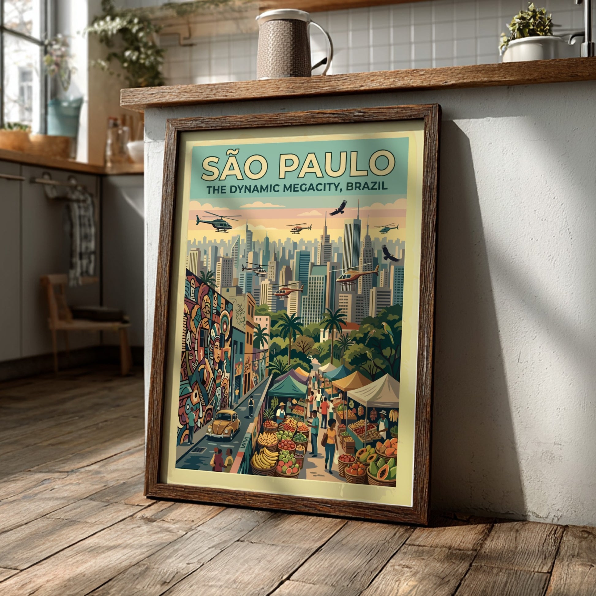 Travel poster of São Paulo Brazil featuring skyscrapers helicopters street markets and colorful graffiti.