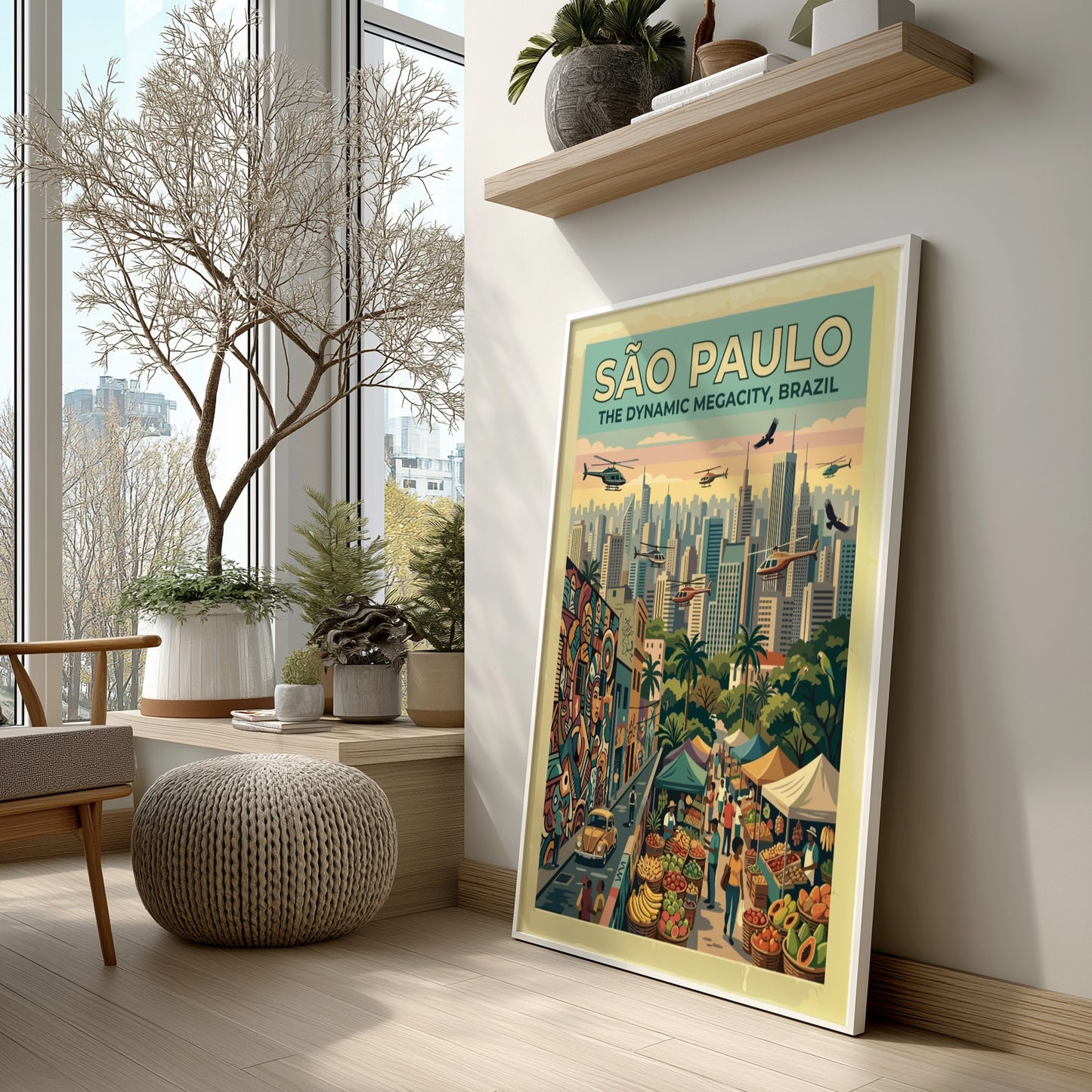 Travel poster of São Paulo Brazil featuring skyscrapers helicopters street markets and colorful graffiti.