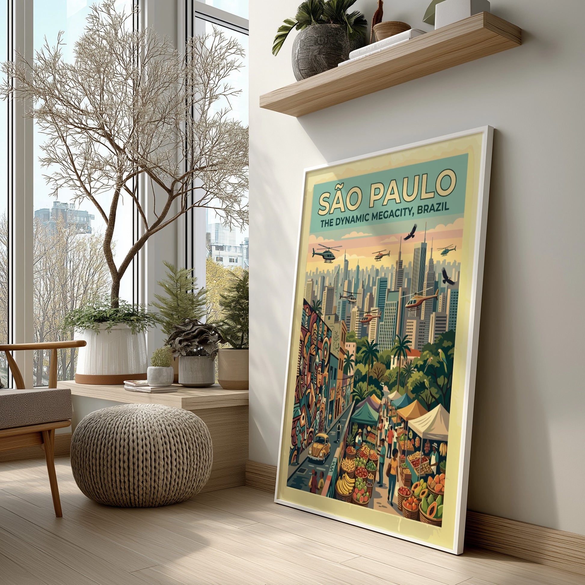 Travel poster of São Paulo Brazil featuring skyscrapers helicopters street markets and colorful graffiti.
